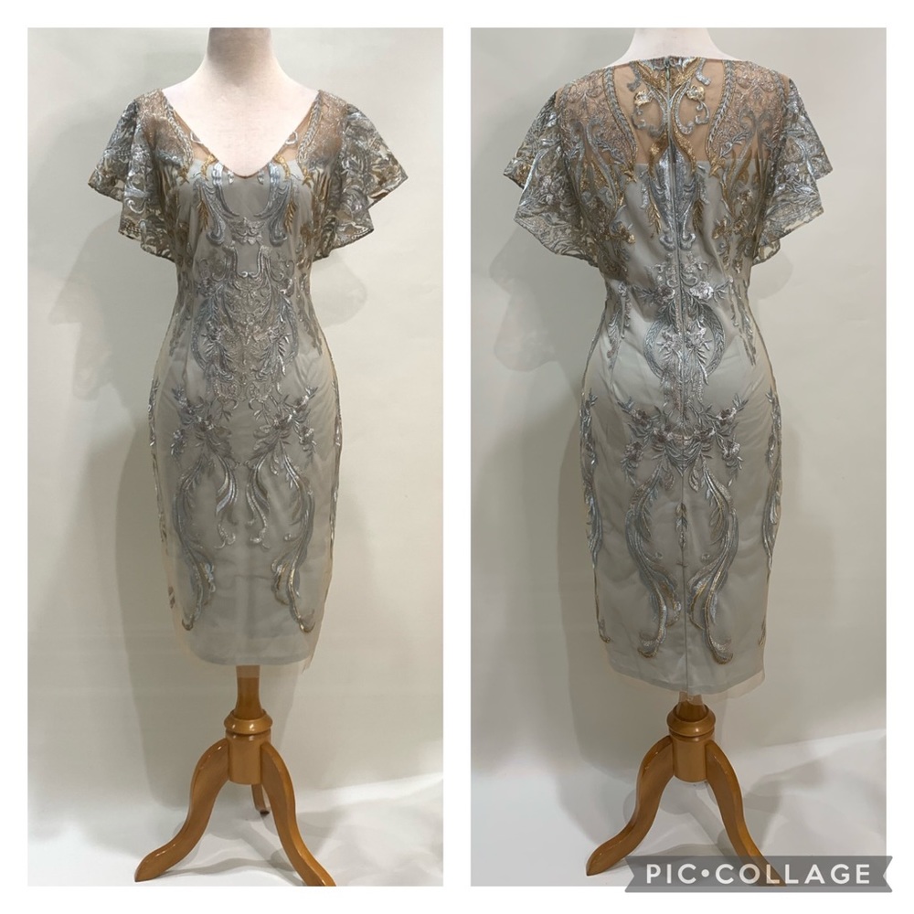 Mon Cheri silver gold flutter sleeve midi dress - Picture 2 of 6